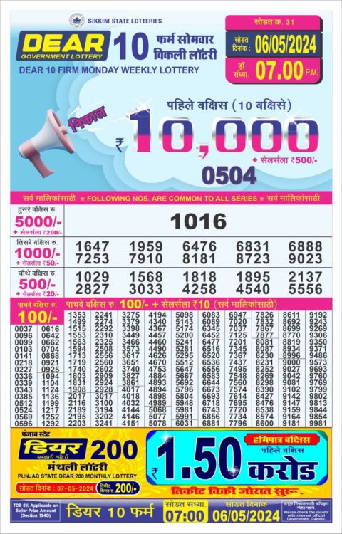 Lottery Sambad Today Result|Dear10 Daily Lottery 7PM Result 6May24