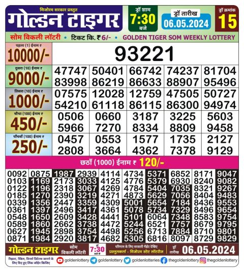 Lottery Sambad Today Result|Golden tiger weekly 7:30 pm lottery 6/05/24