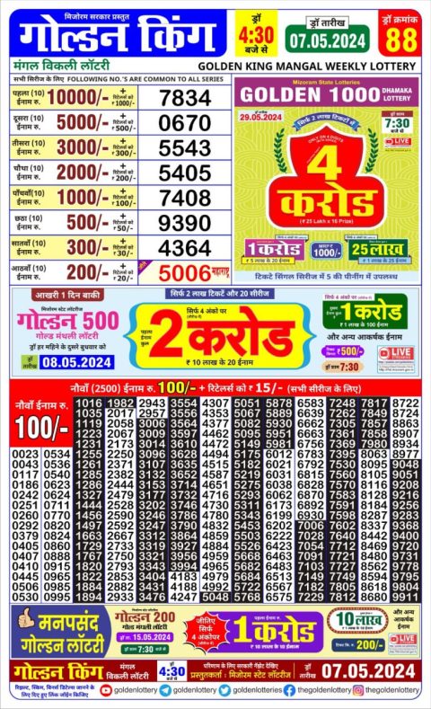 Lottery Sambad Today Result|Golden king lottery 4.30pm 7-5-24