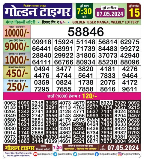 Lottery Sambad Today Result|Golden tiger weekly 7:30 pm lottery 7/05/24