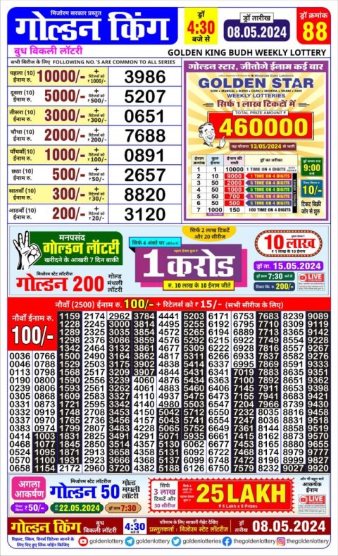 Lottery Sambad Today Result|Golden king lottery 4.30pm 8-5-24