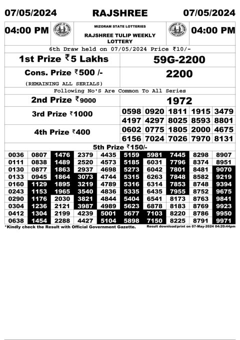Lottery Sambad Today Result|Rajshree Daily Lottery 4PM Result 7 May 24