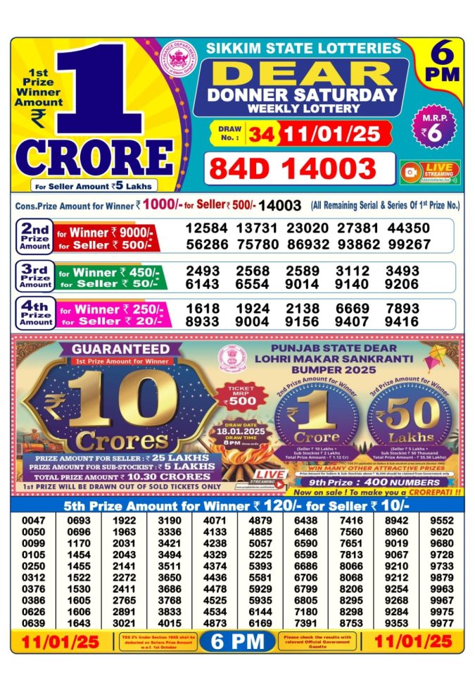 Lottery Sambad Today Result - 1 PM 6 PM 8 PM Results