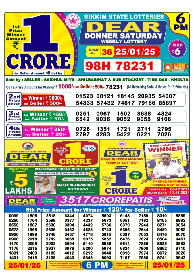 Lottery Sambad Today Result - 1 PM 6 PM 8 PM Results