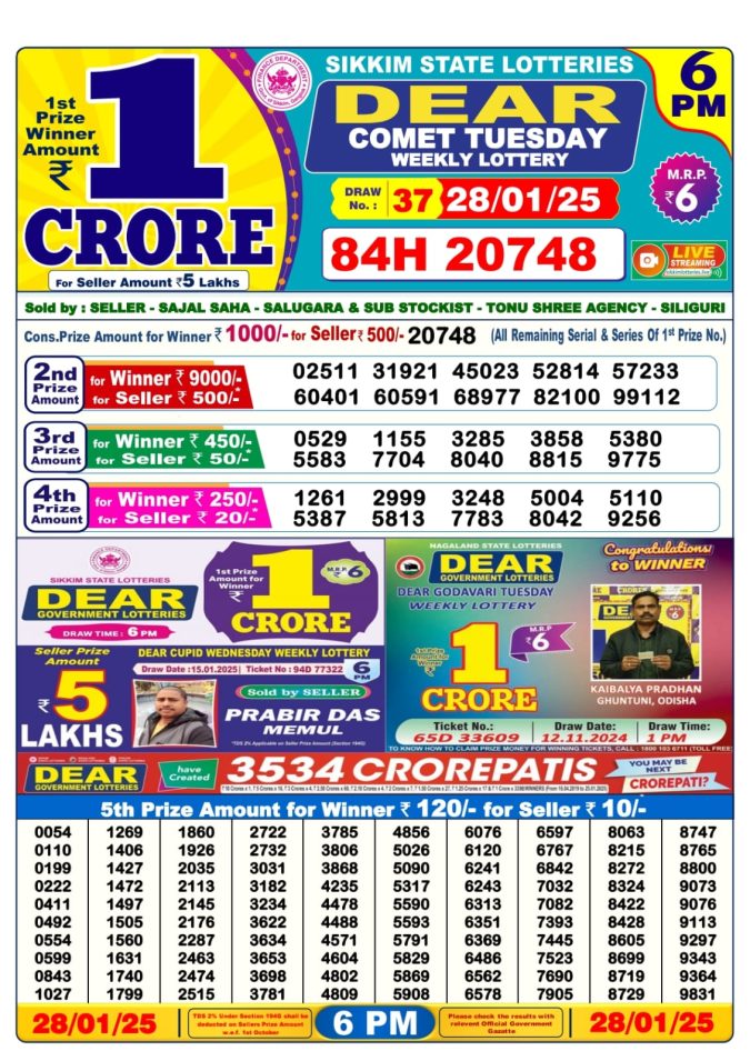 Lottery Sambad Today Result - 1 PM 6 PM 8 PM Results