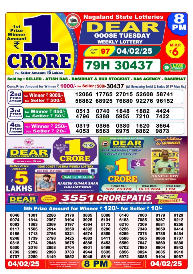 Lottery Sambad Today Result - 1 PM 6 PM 8 PM Results