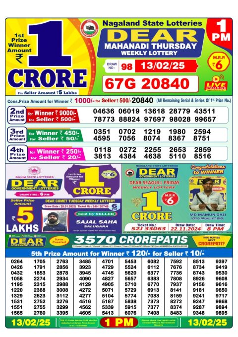 Lottery Sambad Today Result - 1 PM 6 PM 8 PM Results