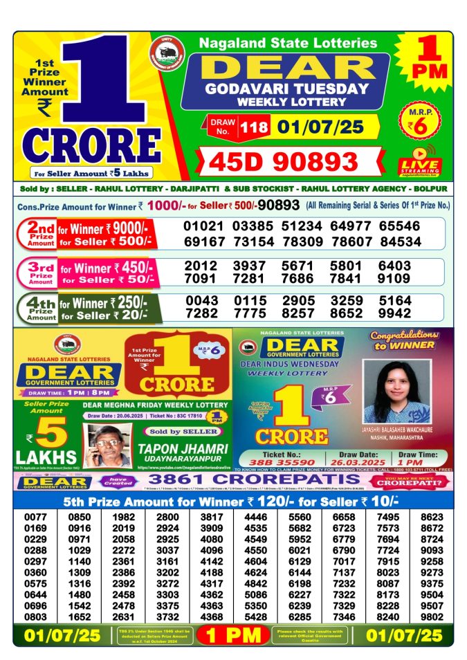 Lottery Sambad Today Result - 1 PM 6 PM 8 PM Results